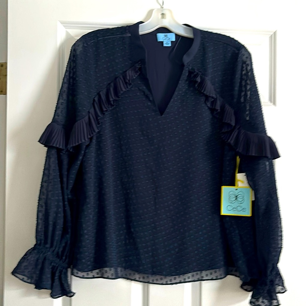 NWT - CeCe V-Neck Blouse. Navy Blues Swiss Dot with ruffled accents in size XL.
